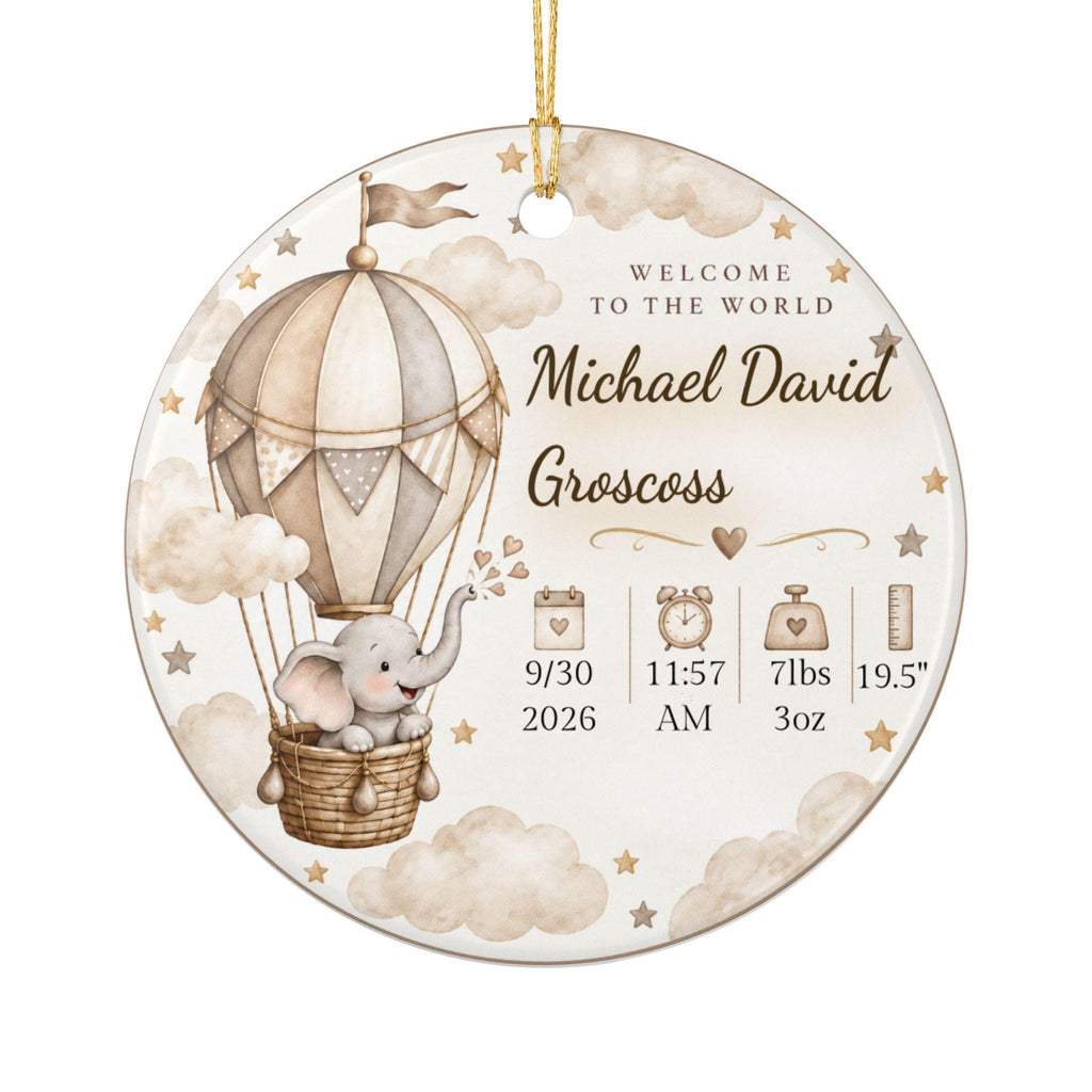 Personalized Baby Birth Stats Ornament, Elephant Hot Air Balloon Keepsake (Ceramic)