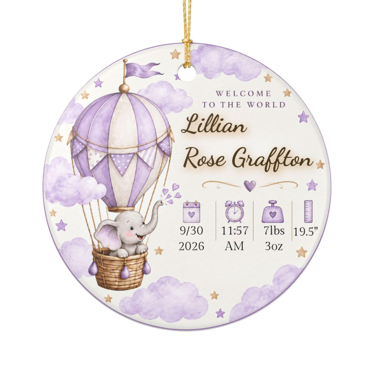 Personalized Baby Birth Stats Ornament, Elephant Hot Air Balloon Keepsake (Ceramic)