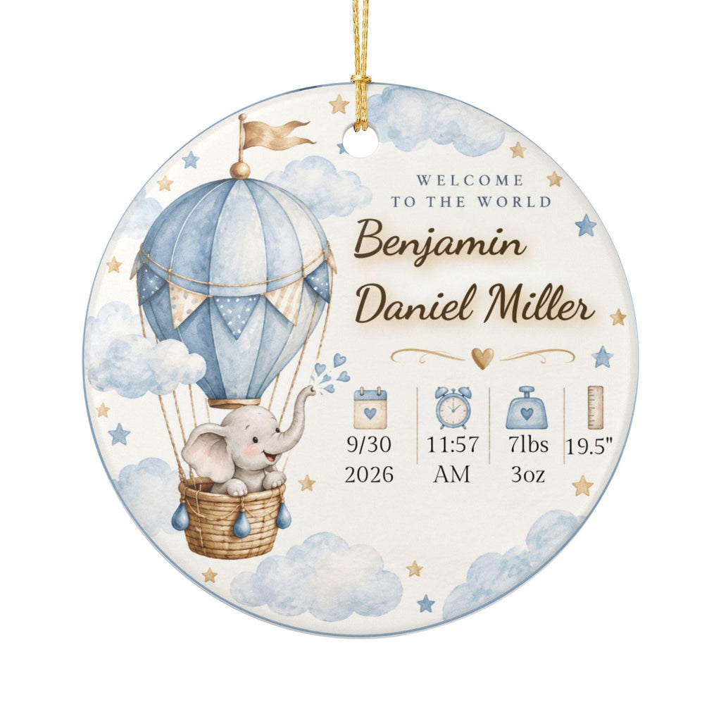 Personalized Baby Birth Stats Ornament, Elephant Hot Air Balloon Keepsake (Ceramic)