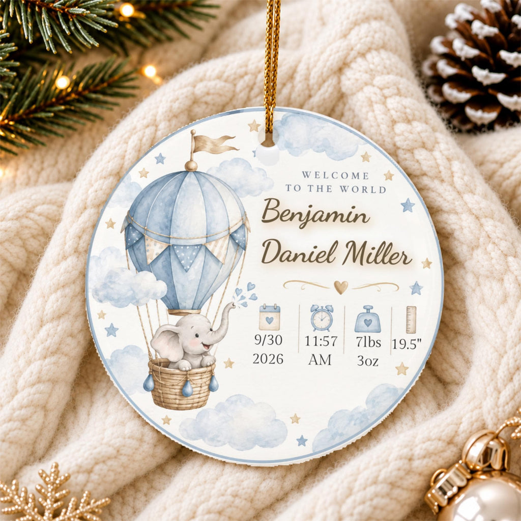 Personalized Baby Birth Stats Ornament, Elephant Hot Air Balloon Keepsake (Ceramic)