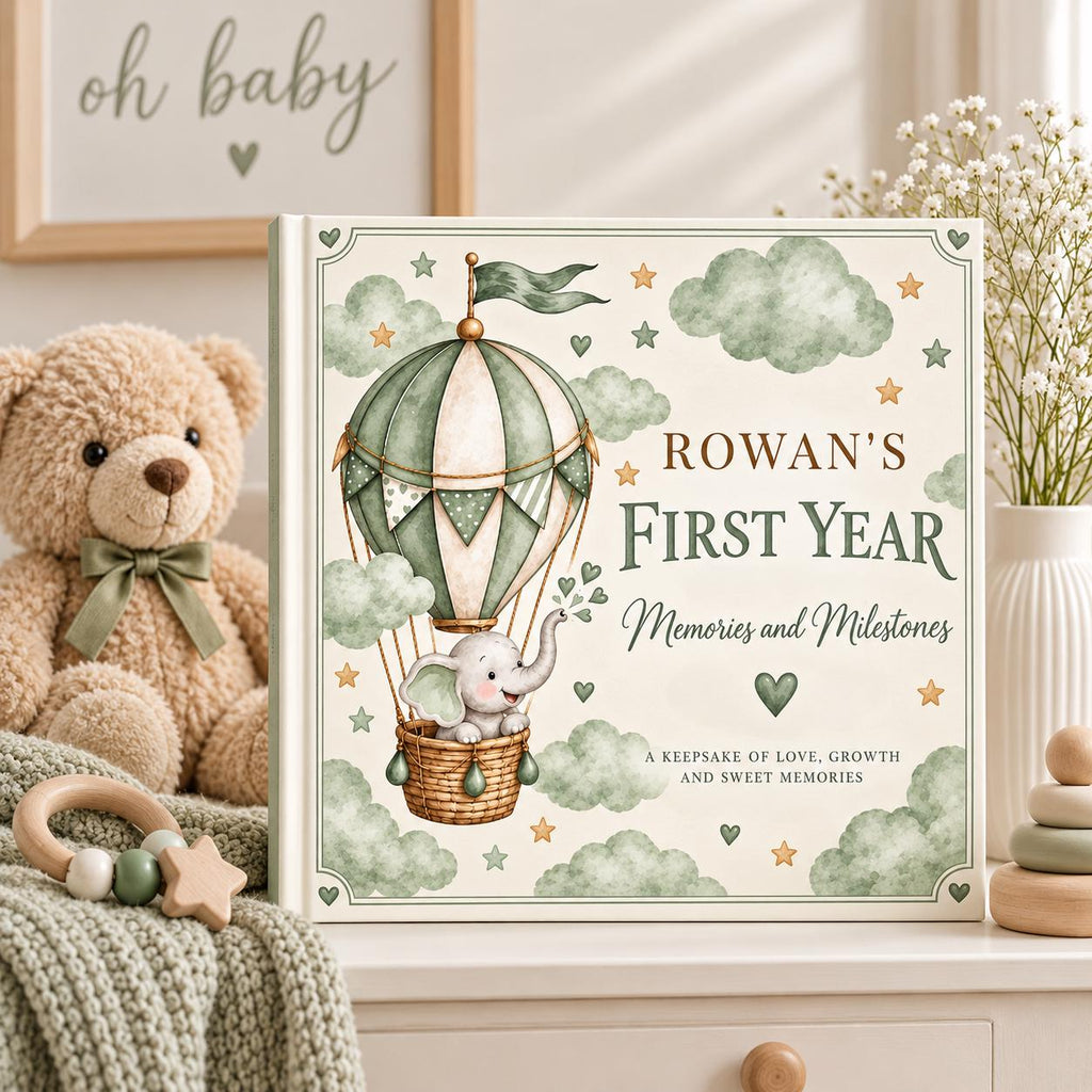 Personalized Baby Memory Book, First Year Milestones, Elephant Hot Air Balloon