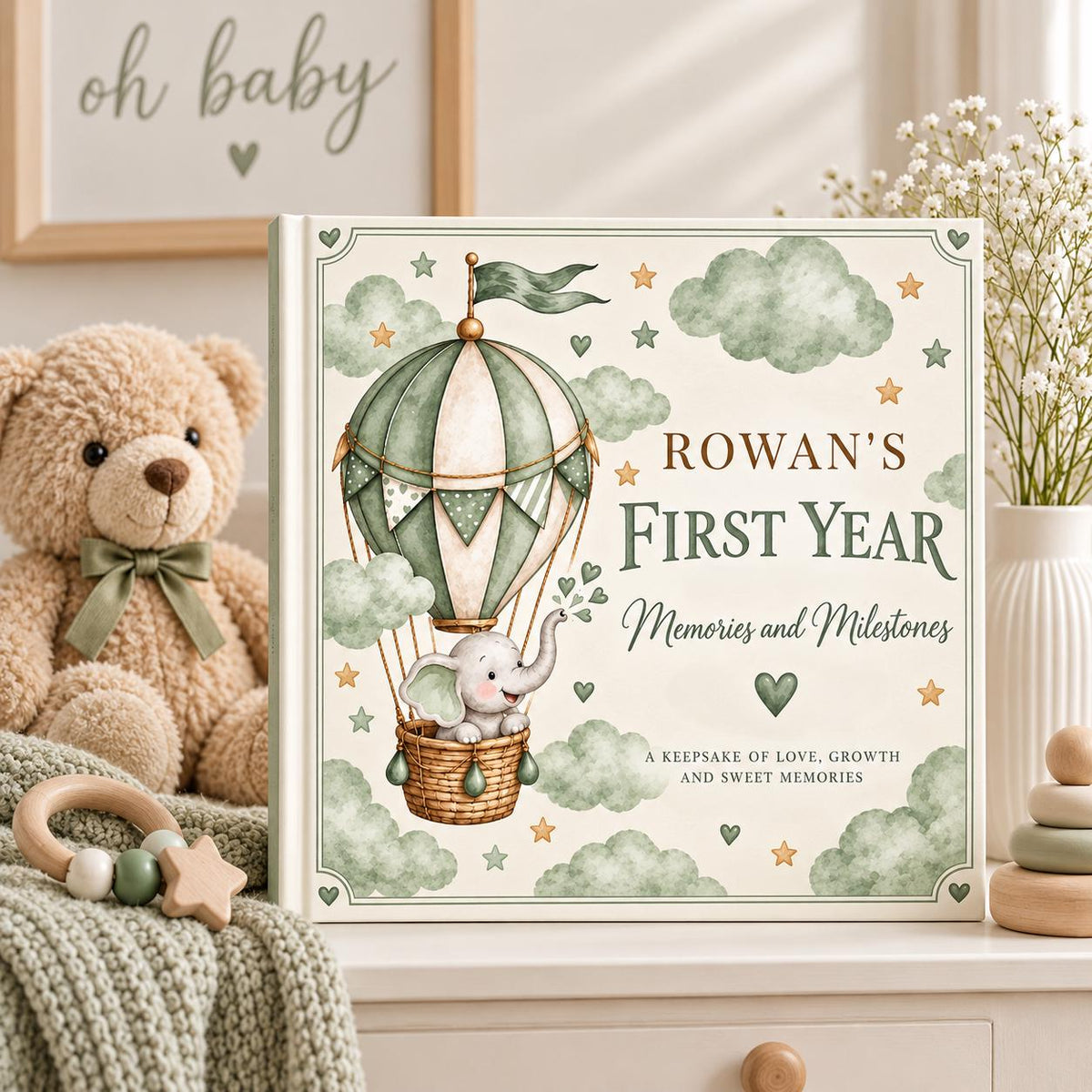 Personalized Baby Memory Book, First Year Milestones, Elephant Hot Air Balloon
