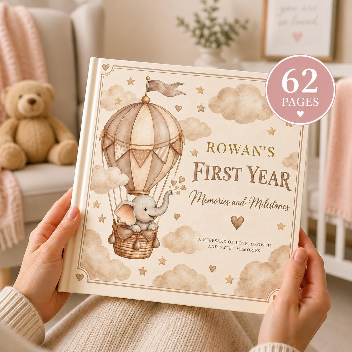 Personalized Baby Memory Book, First Year Milestones, Elephant Hot Air Balloon