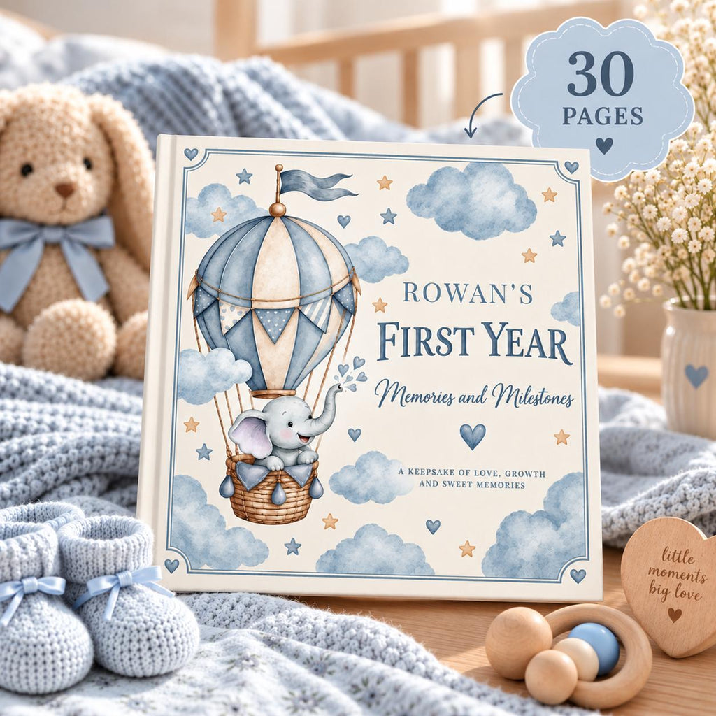Personalized Baby Memory Book, First Year Milestones, Elephant Hot Air Balloon