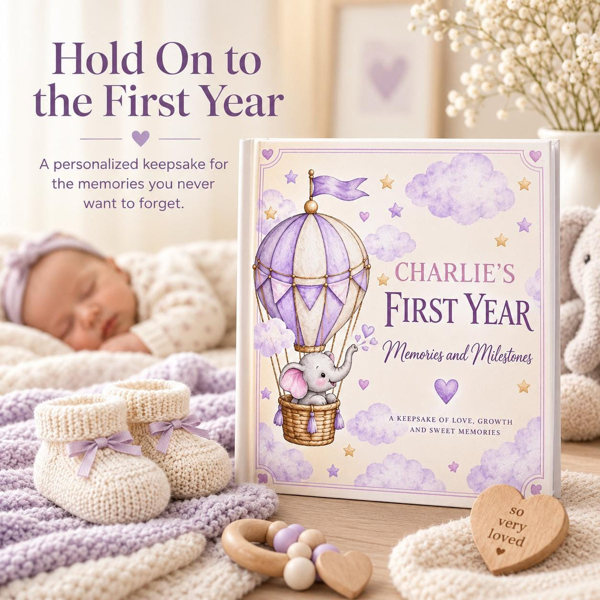 Personalized Baby Memory Book, First Year Milestones, Elephant Hot Air Balloon