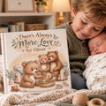 New Sibling book for older brother or sister. Big brother holds newborn sibling.