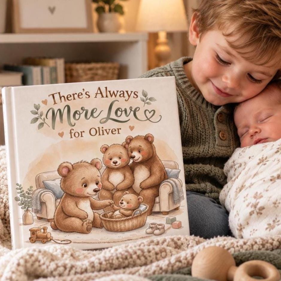 New Sibling book for older brother or sister. Big brother holds newborn sibling.