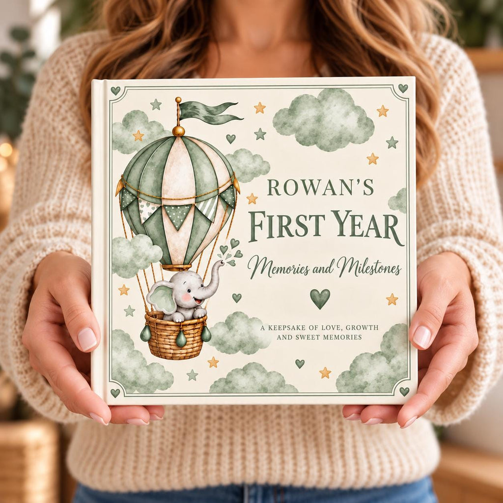 Personalized Baby Memory Book, First Year Milestones, Elephant Hot Air Balloon