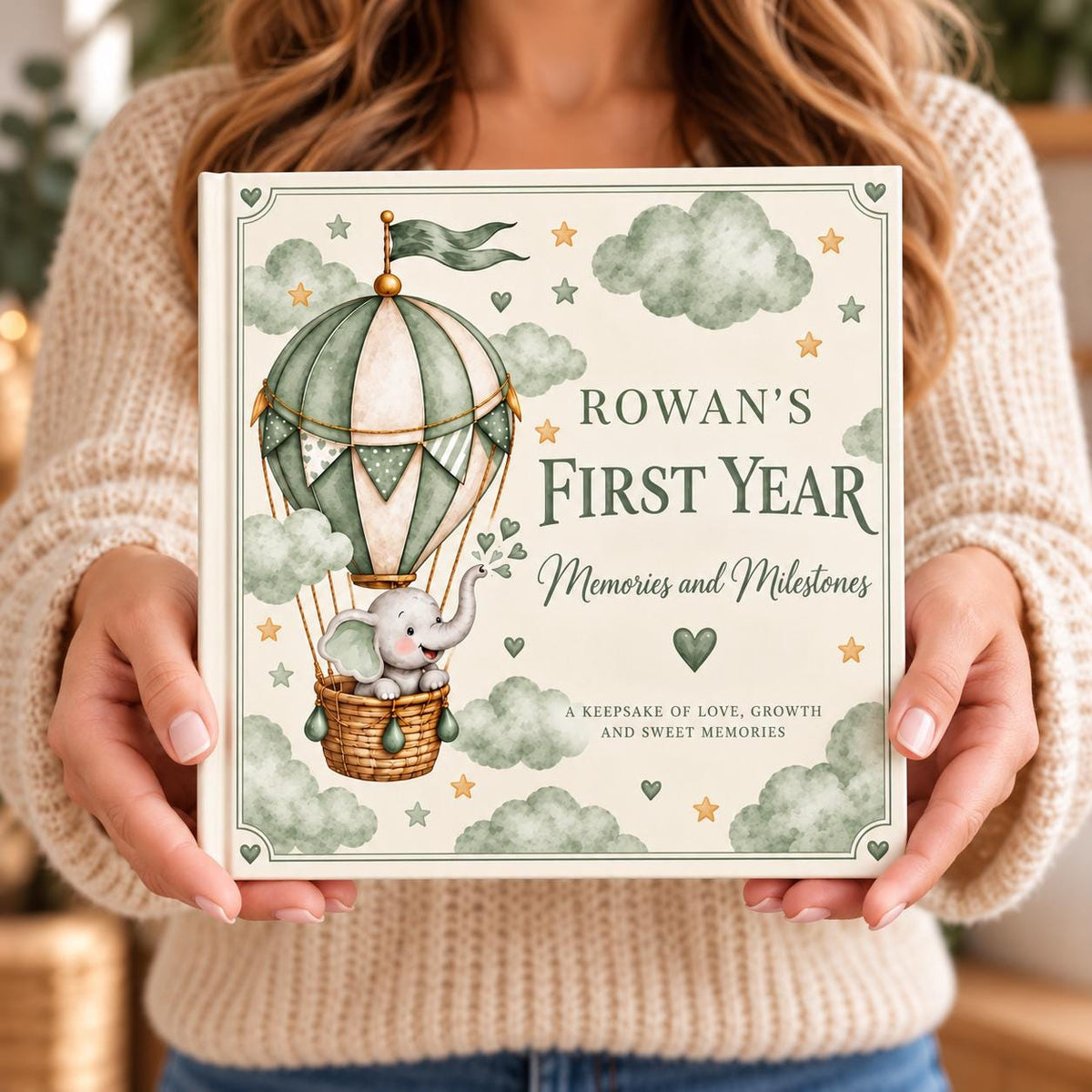 Personalized Baby Memory Book, First Year Milestones, Elephant Hot Air Balloon