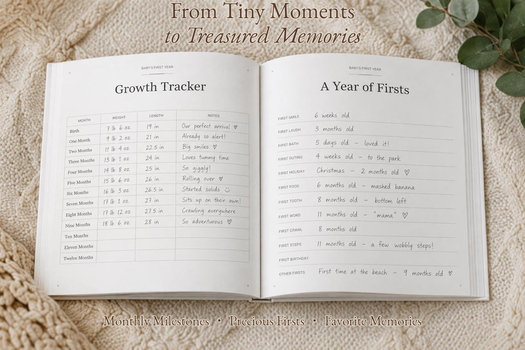 Personalized Baby Memory Book, First Year Milestones, Elephant Hot Air Balloon