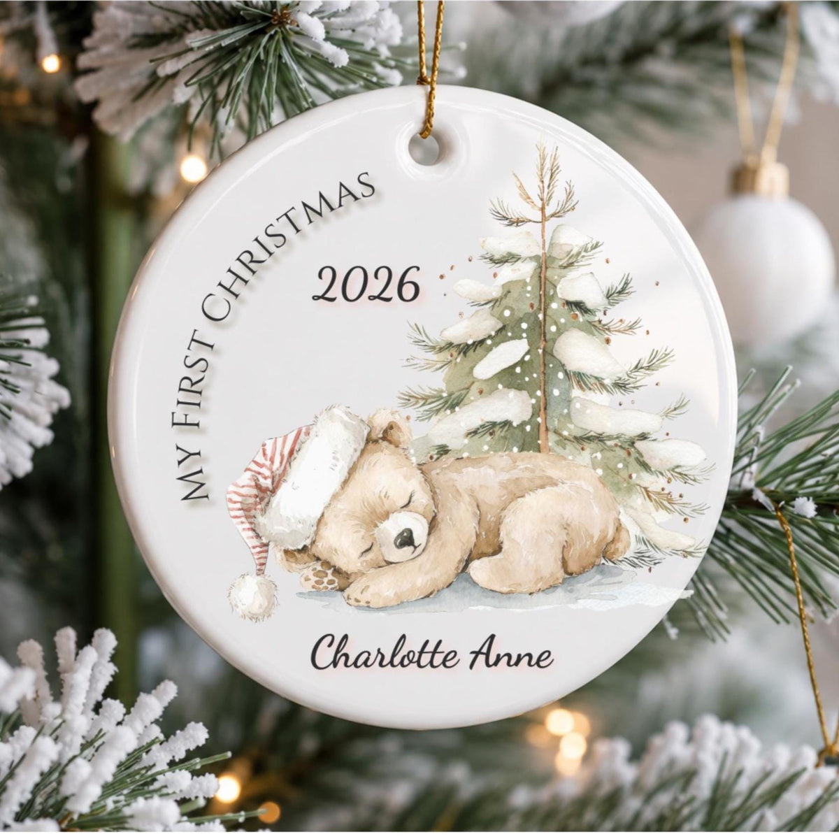 Baby's First Christmas Ornament 2026, Watercolor Teddy Bear Snowy Pine Tree, Personalized Name Keepsake, Newborn Gift, Baby Boy Girl