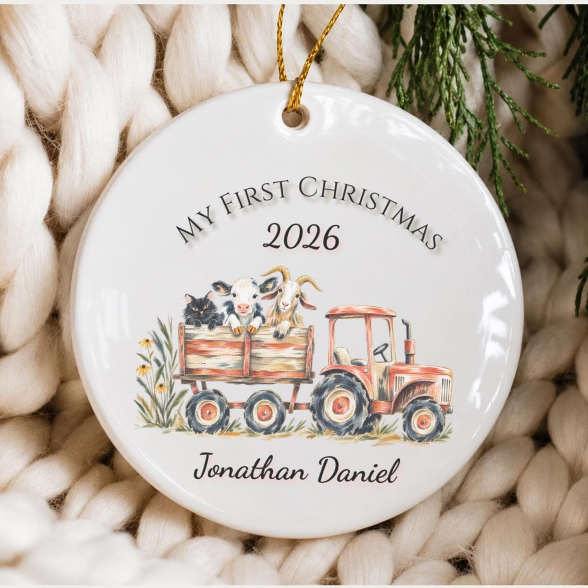 Personalized Baby's First Christmas Ornament, Farm Tractor Animals, Keepsake Gift (2026)