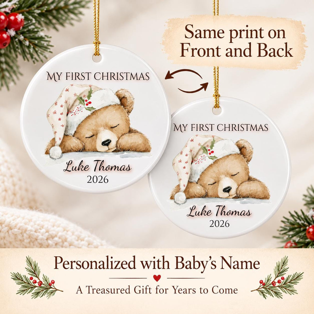 My First Christmas Ornament 2026, Sleepy Teddy Bear Nightcap, Custom Name Ceramic Keepsake, Baby Shower Gift, Gift for New Mom