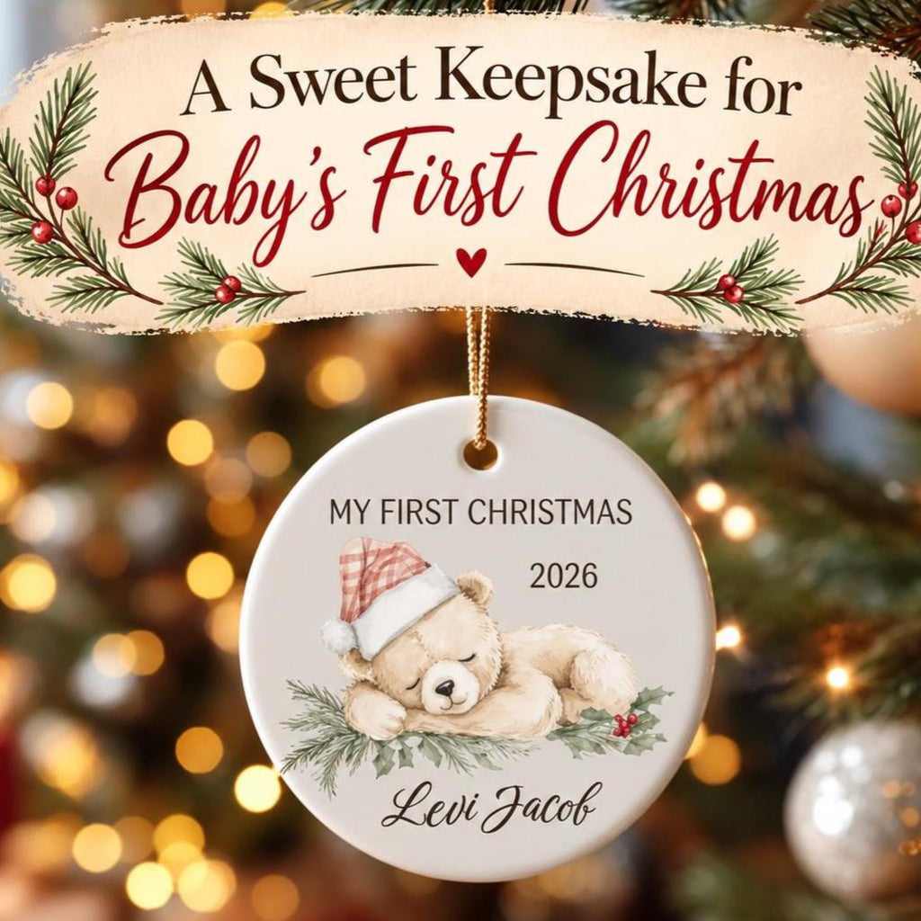 Baby's First Christmas Ornament 2026, Personalized Teddy Bear Keepsake, Custom Name Ceramic Ornament, New Baby Gift, Grandbaby Gift
