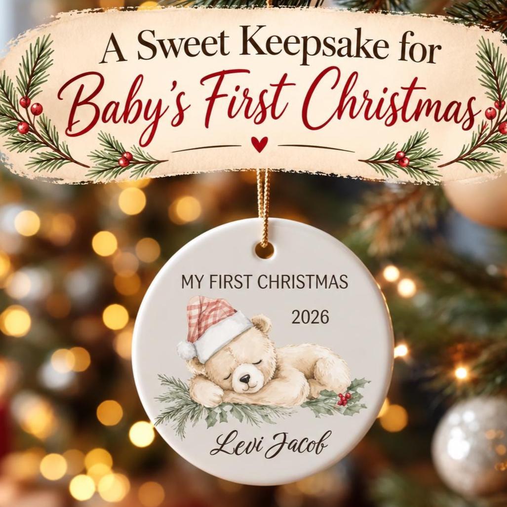 Baby's First Christmas Ornament 2026, Personalized Teddy Bear Keepsake, Custom Name Ceramic Ornament, New Baby Gift, Grandbaby Gift