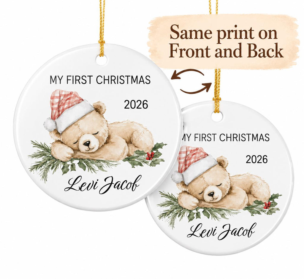 Baby's First Christmas Ornament 2026, Personalized Teddy Bear Keepsake, Custom Name Ceramic Ornament, New Baby Gift, Grandbaby Gift