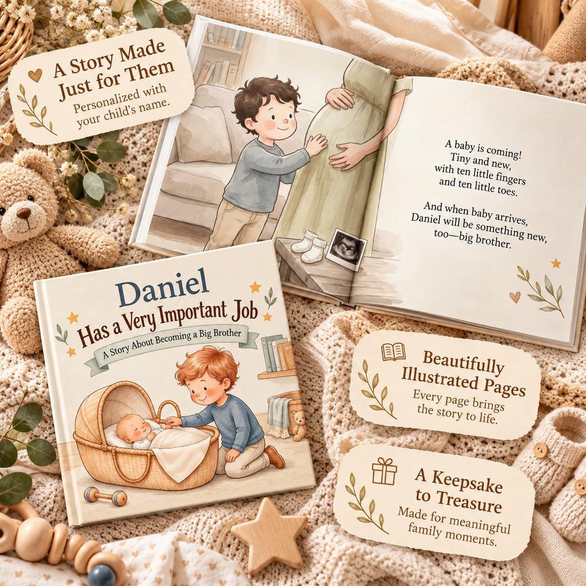 Personalized Big Brother Book, Custom Name Story About Becoming a Big Brother, New Baby Gift for Toddler Boy, Sibling Keepsake