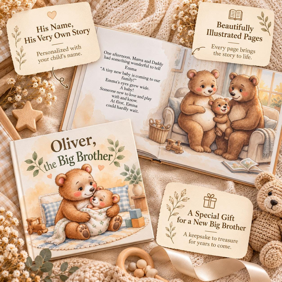 Personalized Big Sister Book, Big Brother Book, New Baby Gift for Older Sibling, Custom Name Storybook, Hospital Welcome Gift