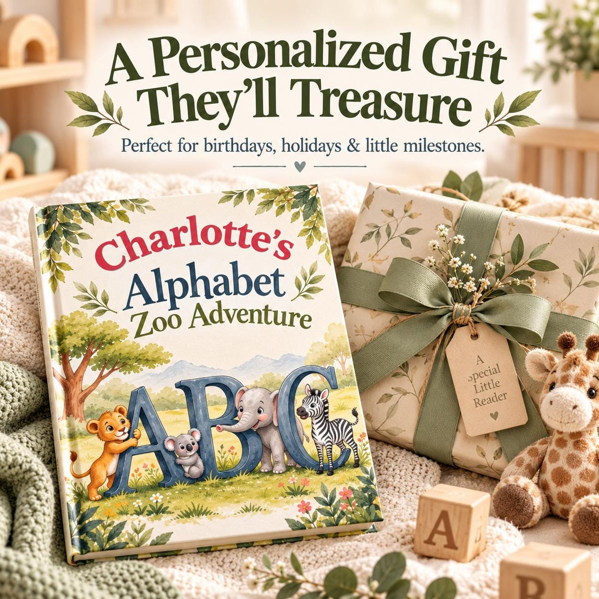 Personalized ABC Book for Toddlers, First Birthday Gift, Custom Name Animal Alphabet Book, Grandchild Gift, Zoo Animal Storybook