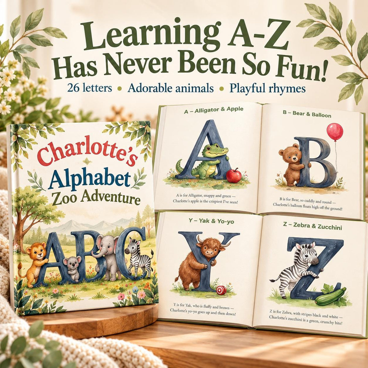 Personalized ABC Book for Toddlers, First Birthday Gift, Custom Name Animal Alphabet Book, Grandchild Gift, Zoo Animal Storybook