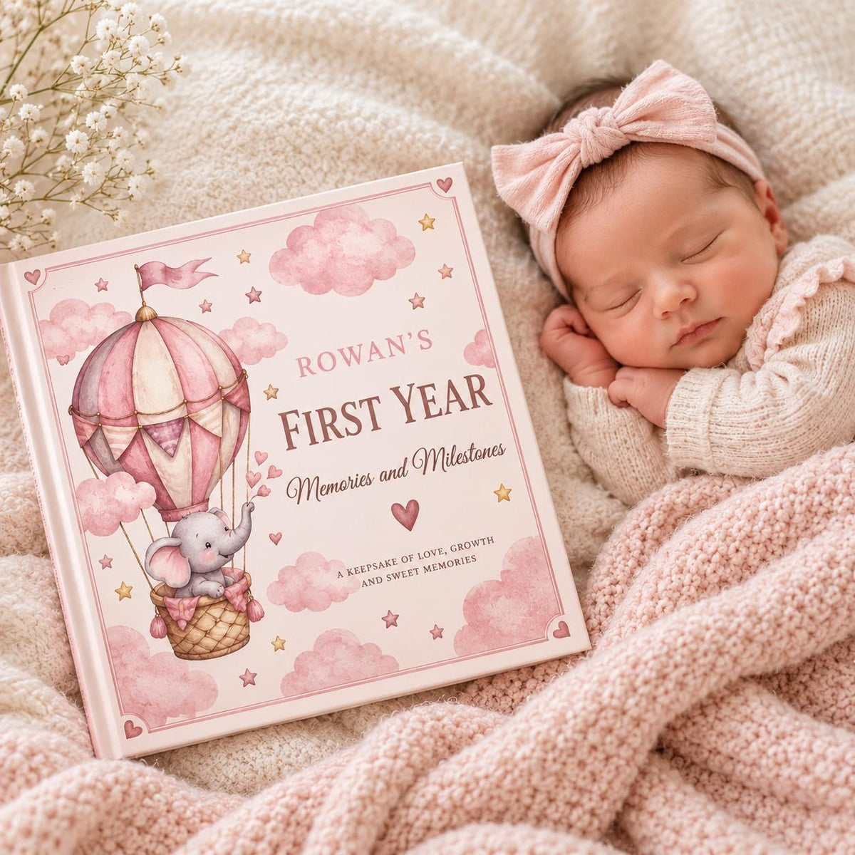 Personalized Baby Memory Book, First Year Milestones, Elephant Hot Air Balloon