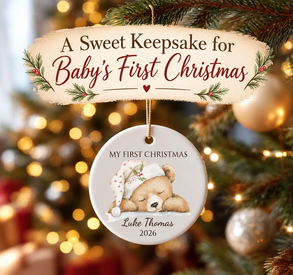 My First Christmas Ornament 2026, Sleepy Teddy Bear Nightcap, Custom Name Ceramic Keepsake, Baby Shower Gift, Gift for New Mom