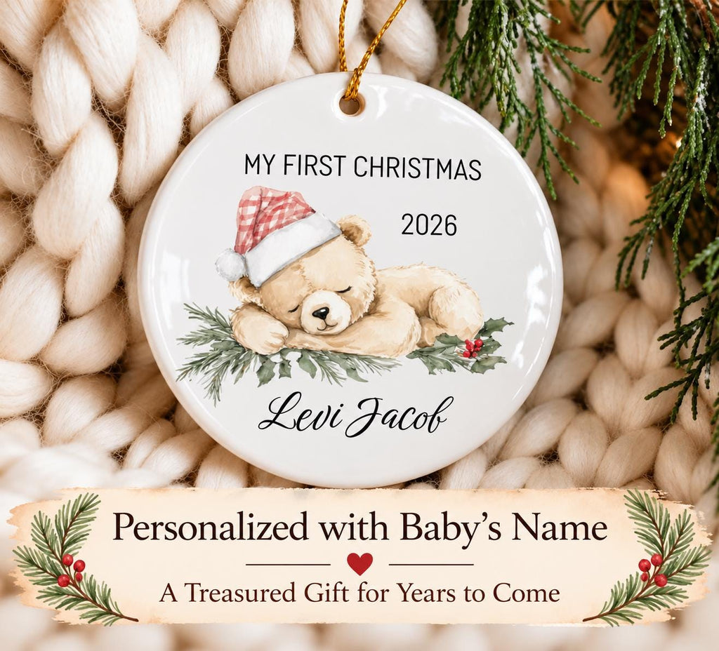 Baby's First Christmas Ornament 2026, Personalized Teddy Bear Keepsake, Custom Name Ceramic Ornament, New Baby Gift, Grandbaby Gift